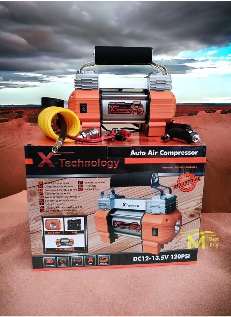 Generic - X Technology Air Compressor for Cars - Orange Color - Dual Piston - Analog Counter - Long Air Tube - Battery & Cigarette Lighter Powered - 120 PSI - Image 1