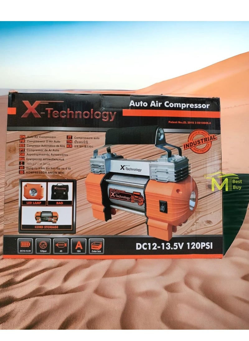 Generic - X Technology Air Compressor for Cars - Orange Color - Dual Piston - Analog Counter - Long Air Tube - Battery & Cigarette Lighter Powered - 120 PSI - Image 1