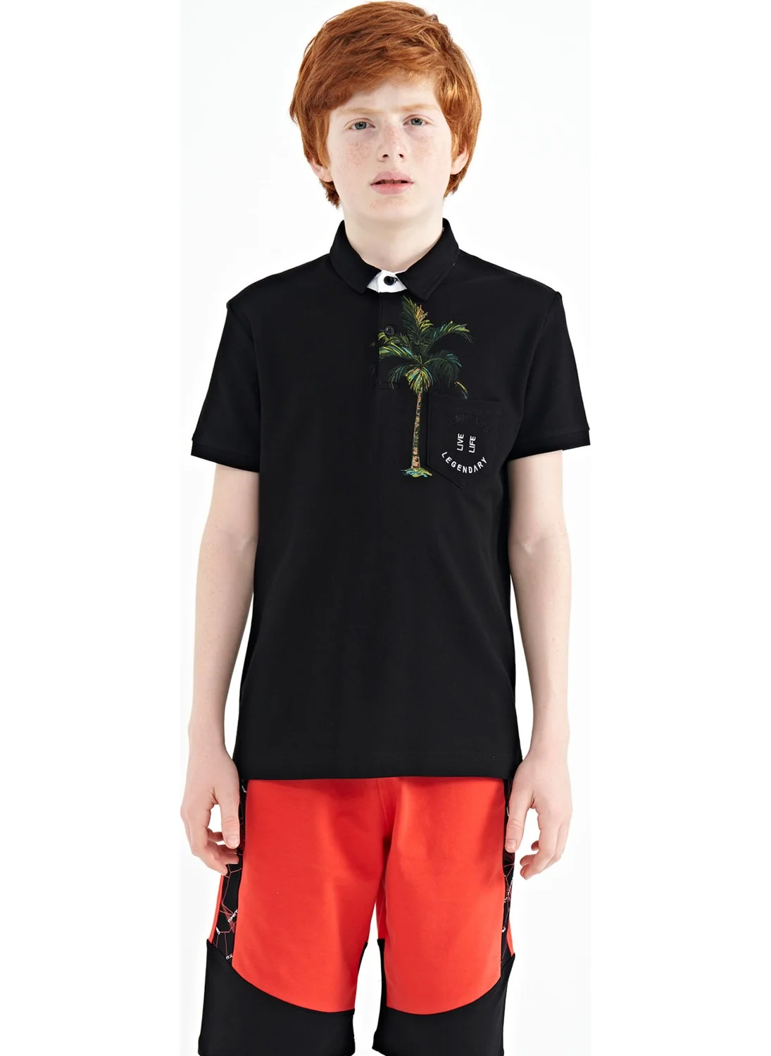 تومي لايف Black Printed Pocket Detailed Standard Size Polo Collar Boy T-Shirt - 11144