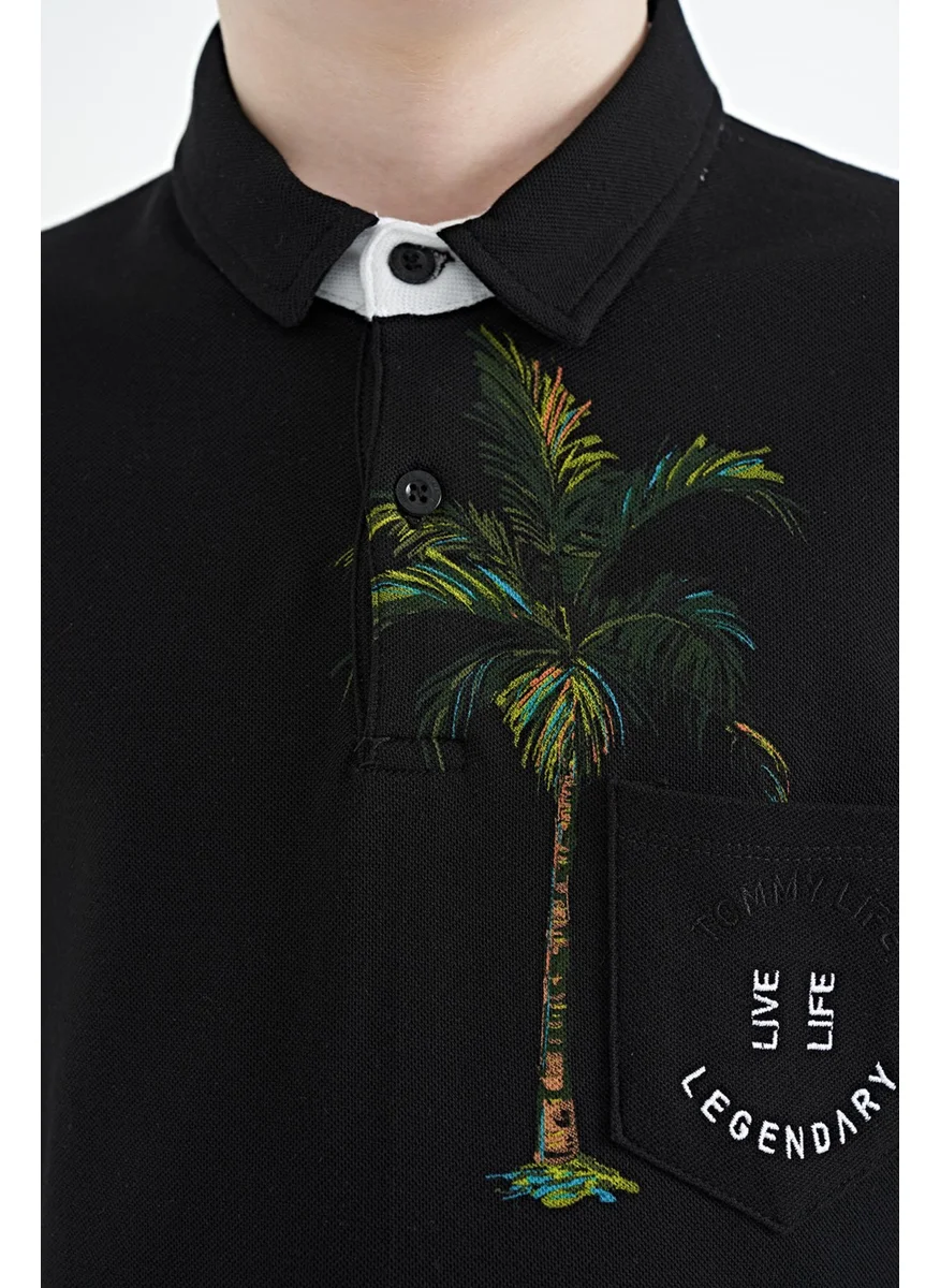 تومي لايف Black Printed Pocket Detailed Standard Size Polo Collar Boy T-Shirt - 11144