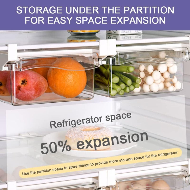 N/P Fridge Drawer Egg Organizer with Adjustable Storage, 2 Packs Refrigerator Drawers Storage Box, Pull Out Refrigerator Drawer Organizer Bins Fit for Fridge Shelf Under 1.5cm/0.6inch (Style 2) - Image 2