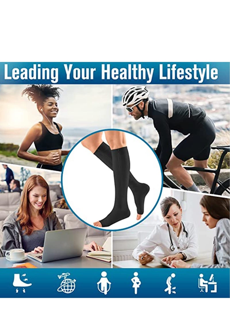 SOLARAE Compression Socks 2 Pairs 15-20Mmhg Open Toe Toeless Copper Fiber Leg Support Stocking Knee High With Zipper For Women And Men L - Image 4