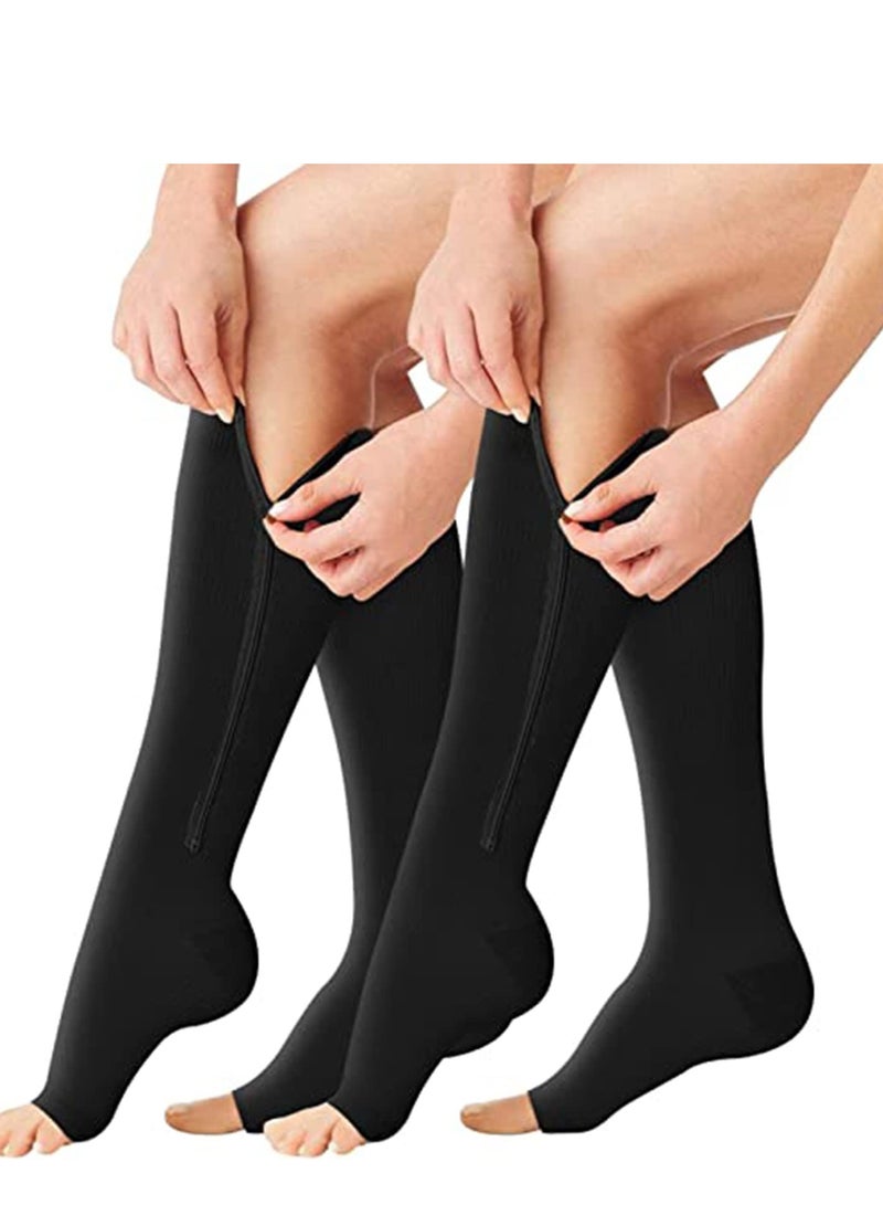 SOLARAE Compression Socks 2 Pairs 15-20Mmhg Open Toe Toeless Copper Fiber Leg Support Stocking Knee High With Zipper For Women And Men L - Image 1