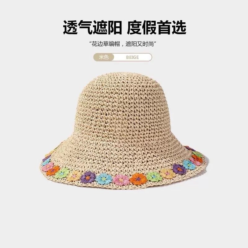 Summer Casual Straw Hat with Lace Trim - Sun Protection & Breathable Wide Brim Hat for Beach Outdoor