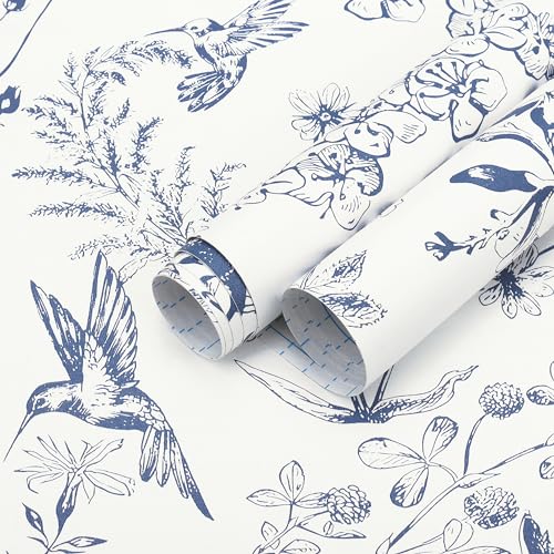 Safiyya Peel and Stick Modern Wallpaper Floral Birds Contact Paper Blue and White Wallpaper Boho Removable Self Adhesive Wall Paper Vinyl Rolls 393x173