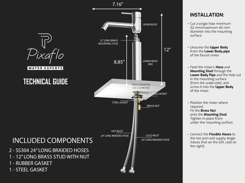 Pixaflo Brass Extended Hot & Cold Single Lever Basin Mixer Tall Boy with 24 inches Long Braided Hoses, Chrome (Admix) - Image 5