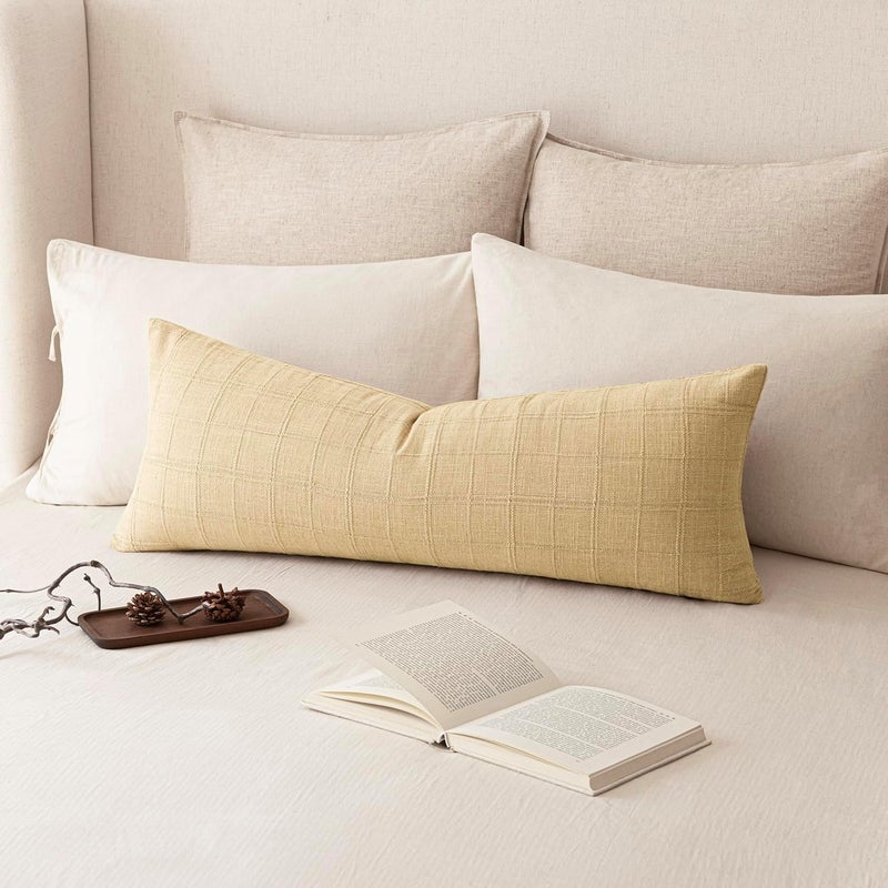 Foindtower Set of 2 Decorative Linen Check Throw Pillow Covers Neutral Farmhouse Vintage Cushion Covers Cozy Modern Boho Accent Home Decor for Sofa Chair Couch Bed Living Room,14×36 Inch,Light Yellow - Image 5