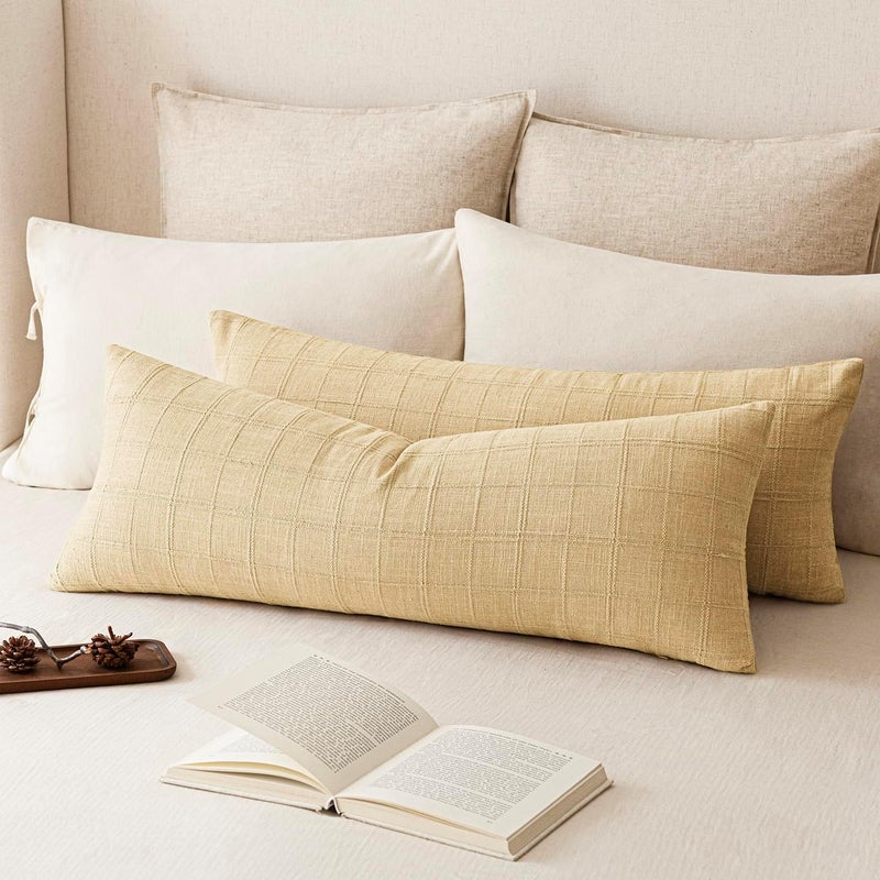Foindtower Set of 2 Decorative Linen Check Throw Pillow Covers Neutral Farmhouse Vintage Cushion Covers Cozy Modern Boho Accent Home Decor for Sofa Chair Couch Bed Living Room,14×36 Inch,Light Yellow - Image 1
