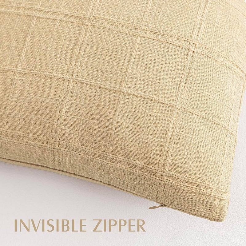 Foindtower Set of 2 Decorative Linen Check Throw Pillow Covers Neutral Farmhouse Vintage Cushion Covers Cozy Modern Boho Accent Home Decor for Sofa Chair Couch Bed Living Room,14×36 Inch,Light Yellow - Image 3