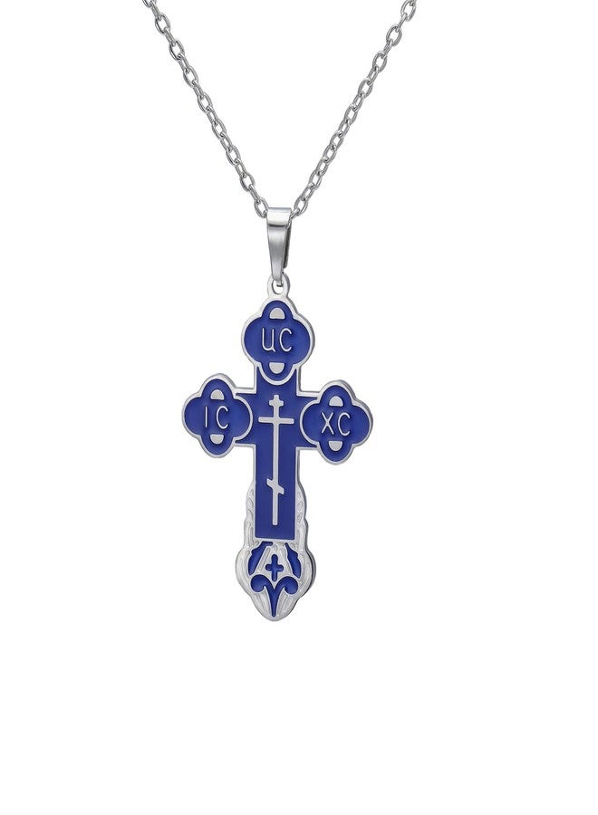 EUEAVAN Orthodox Cross Necklace for Women Russian IC XC NIKA Cross Jesus Christ Medallion Pendant Greek Byzantine Amulet Eastern Religious Jewelry Christian Catholic Gift for Men (blue-silver) - Image 1