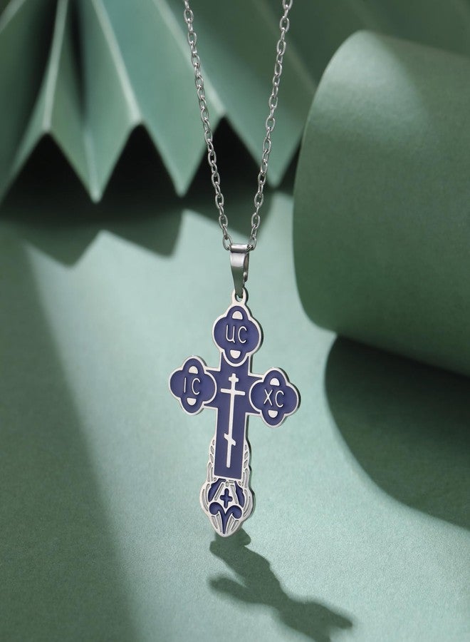 EUEAVAN Orthodox Cross Necklace for Women Russian IC XC NIKA Cross Jesus Christ Medallion Pendant Greek Byzantine Amulet Eastern Religious Jewelry Christian Catholic Gift for Men (blue-silver) - Image 3