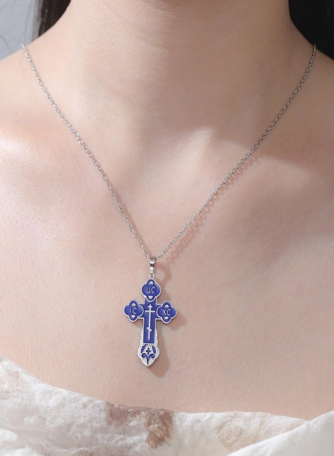 EUEAVAN Orthodox Cross Necklace for Women Russian IC XC NIKA Cross Jesus Christ Medallion Pendant Greek Byzantine Amulet Eastern Religious Jewelry Christian Catholic Gift for Men (blue-silver) - Image 2