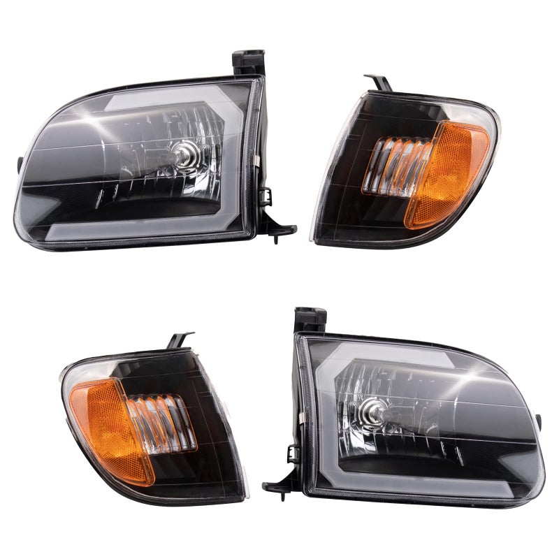 TRQ 2 Piece Headlight Assembly Set Performance Halogen LED C Light Bar Black Bezel Driver Passenger Side Compatible with Toyota Tundra 20002004 TO2502129 TO2503129 TO2530135 TO2531135