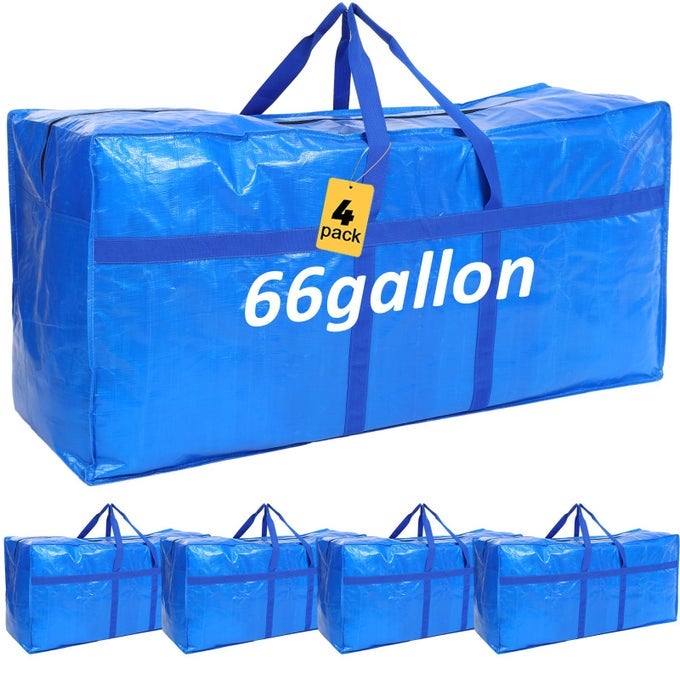 4 PCS 66 GALLON LARGE MOVING BAGS WITH ZIPPER AND HANDLES FOLDABLE STORAGE DUFFLE BAGS HEAVY DUTY EXTRA LARGE TOTES FOR COLLEGE DORM TRAVEL CLOTHES BLANKETS BEDDING MOVING BLUE