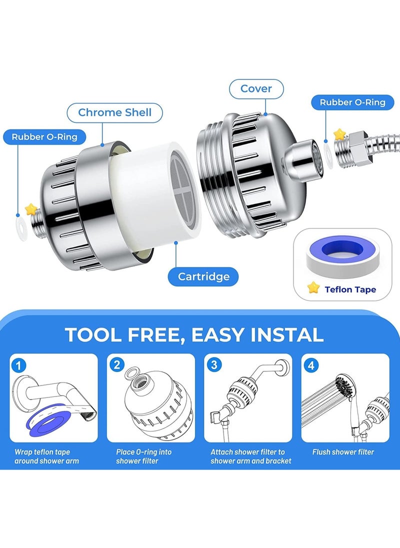 Shower Filter 20 Stage Showerhead Filter for Hard Water Shower Water Filter with 2 Replaceable Filter Cartridges for Removing Chlorine Fluoride, Polished Chrome