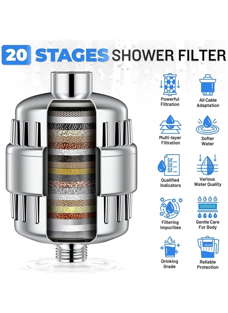 Shower Filter 20 Stage Showerhead Filter for Hard Water Shower Water Filter with 2 Replaceable Filter Cartridges for Removing Chlorine Fluoride, Polished Chrome