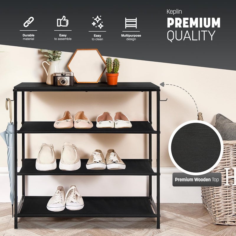 KEPLIN حامل أحذية KEPLIN 4 طبقات مع رف - منظم مدخل أنيق، سهل التجميع، تصميم قوي ومتين من الحديد والخشب - حل تخزين للمنزل، الممر، الحمام وغرفة النوم (63×59×30 سم) - أسود - Image 3