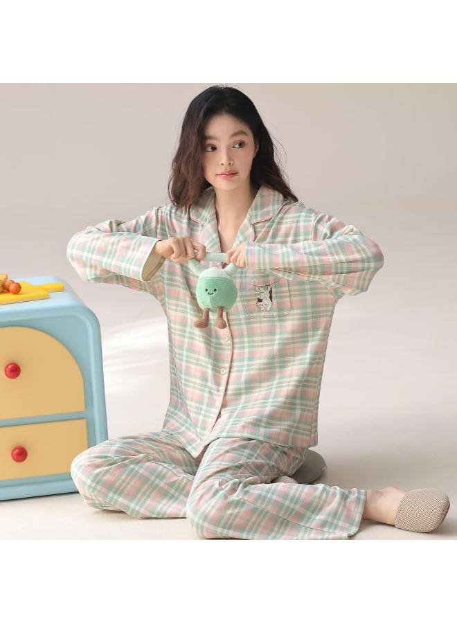 Your Sun Yiershuang Women's Autumn Winter Pure Cotton Long Sleeve Pajama Set With Lapel Collar, Long Pants, Casual Homewear, 100% Cotton, Suitable For Outdoor Wear - Image 4