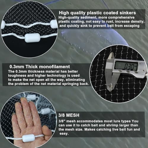 Drasry Saltwater Fishing Cast Net 3/8 and 1/4 Mesh with Heavy Duty Gray Sinker American Monofilament Fish Throw Net for Bait Trap 3FT 4FT 5FT 6FT 7FT 8FT 9FT Radius 3/8, 3FT Radius /90cm - Image 3