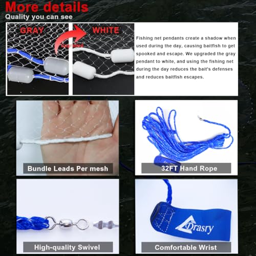 Drasry Saltwater Fishing Cast Net 3/8 and 1/4 Mesh with Heavy Duty Gray Sinker American Monofilament Fish Throw Net for Bait Trap 3FT 4FT 5FT 6FT 7FT 8FT 9FT Radius 3/8, 3FT Radius /90cm - Image 4