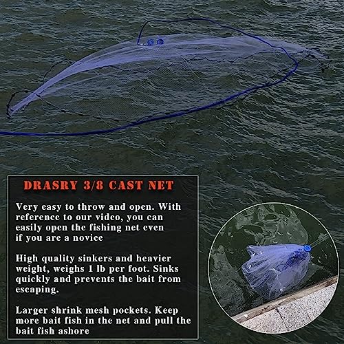 Drasry Saltwater Fishing Cast Net 3/8 and 1/4 Mesh with Heavy Duty Gray Sinker American Monofilament Fish Throw Net for Bait Trap 3FT 4FT 5FT 6FT 7FT 8FT 9FT Radius 3/8, 3FT Radius /90cm - Image 2