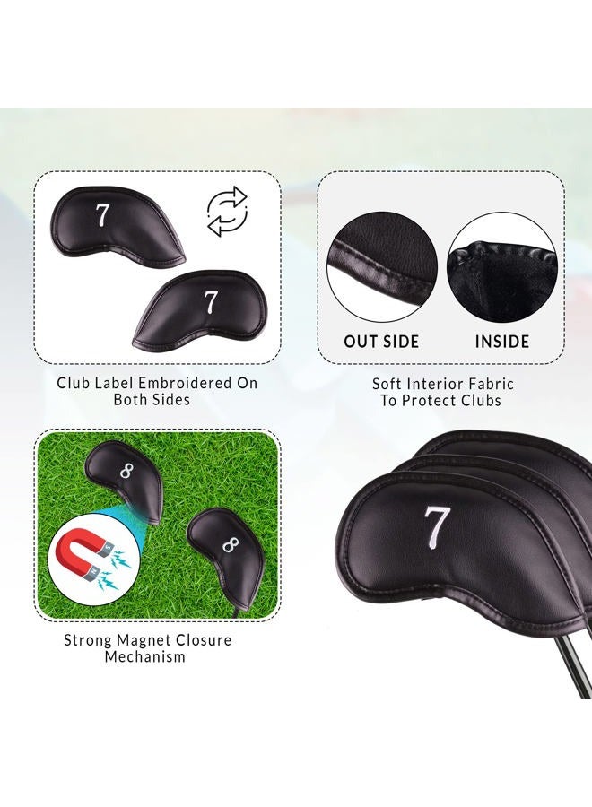 All Teed Up Premium Magnetic Leather Iron and Wedge Golf Club Head Covers | Set of 10 | Fits Most Clubs | Embroidered Club Label on Both Sides of Club Head Cover - Image 5