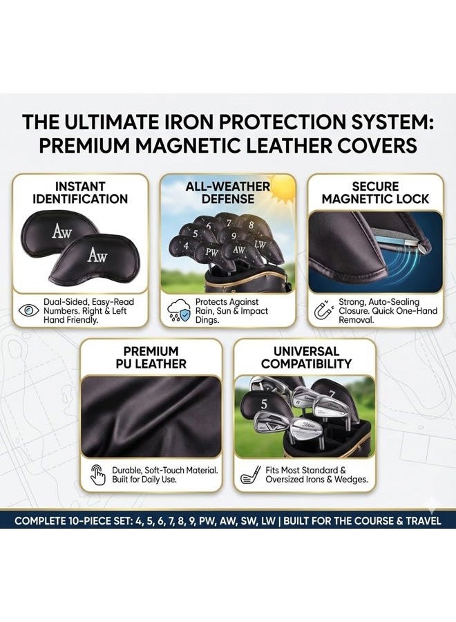 All Teed Up Premium Magnetic Leather Iron and Wedge Golf Club Head Covers | Set of 10 | Fits Most Clubs | Embroidered Club Label on Both Sides of Club Head Cover - Image 2
