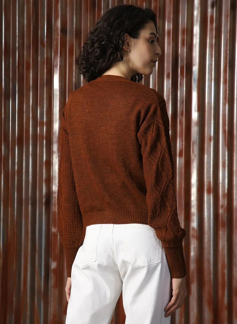HIGH STAR Women's Brown 100% Acrylic Solid Sweater