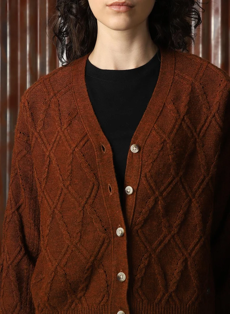 HIGH STAR Women's Brown 100% Acrylic Solid Sweater