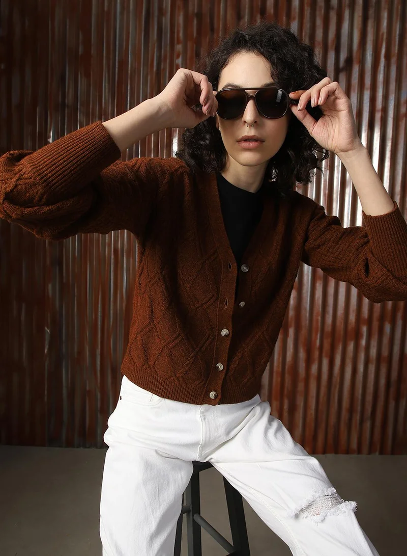 HIGH STAR Women's Brown 100% Acrylic Solid Sweater