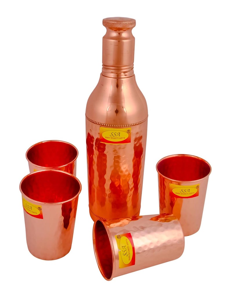 SHIV SHAKTI ARTS Shiv Shakti Arts Pure Copper Water Bottle Champagne Bottle 1 LTR with 4 Glasses Drinkware Set Designer with Aayurvedic Copper Health Benefit  - Image 1