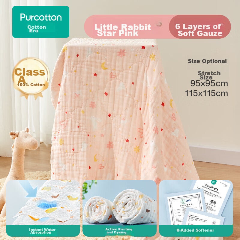 JD Jing Zao PurCotton Baby Bath Towel, Newborn 6-Layer Washable Gauze Bath Towel, Pure Cotton Little Rabbit Star Pattern for Boys And Girls, 115115cm - Image 1