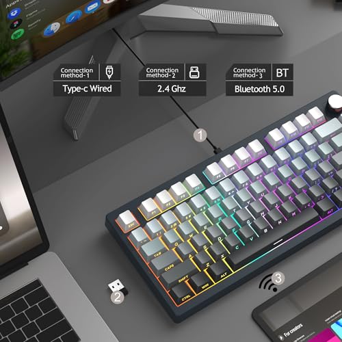 MageGee LIGHT75 Wireless Creamy Keyboard TriMode Bluetooth24GHzUSBC RGB Backlit Gasket Hot Swappable Custom Gaming Keyboard for WinMacPC with Knob Side Printed PBT Keycaps Black - Image 3