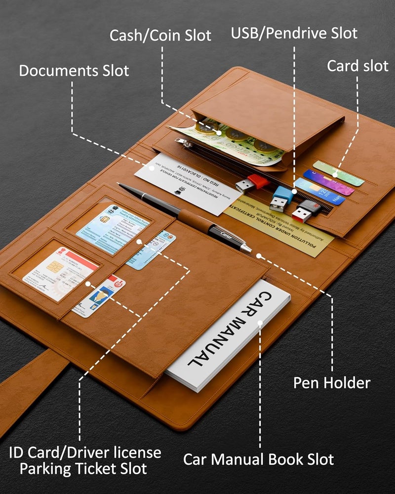 FEDUS Faux Leather Premium Car Document Holder Car Storage Organizer, Car Registration and Insurance Trunk Holder for Driving Licence Owner Manual, PUC RC Paper, Vehicle Glove Box Document Bag Wallet - Image 2