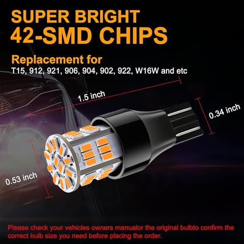 iFunyLED 4PCS 912 921 LED Bulb Turn Signal Light 12V-24V Super Bright T15 906 904 902 922 W16W LED Replacement Light Kit Set for Car Tail Brake Turn Signal Blinker Lights - Amber Yellow - Image 4