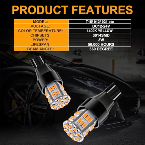 iFunyLED 4PCS 912 921 LED Bulb Turn Signal Light 12V-24V Super Bright T15 906 904 902 922 W16W LED Replacement Light Kit Set for Car Tail Brake Turn Signal Blinker Lights - Amber Yellow - Image 2