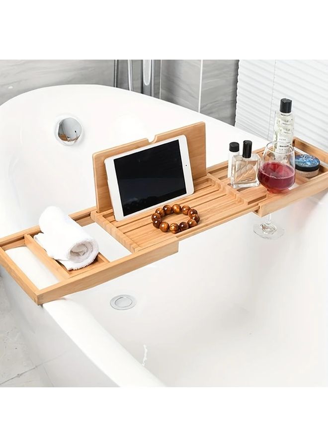 Natural Bamboo Bathtub Caddy Tray 23 6 Extends To 34 Inches With Glass Holder - Image 3