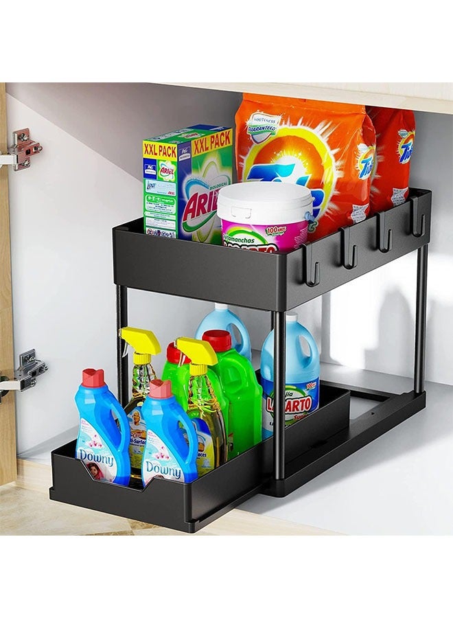 Under Sliding Cabinet Basket Organizer, Pull-Out Sliding Drawe0r, 2 Tier Multi-purpose Organizer, Easy to Install, For Kitchen Bathroom,Suitable for Bathroom/ Kitchen  (Black)  - Image 1