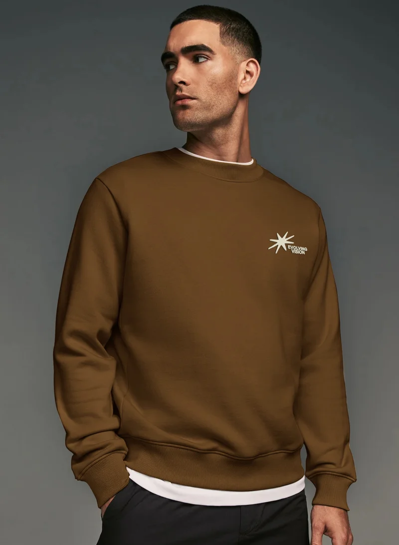 Maniac Maniac Mens Printed Round Neck Full Sleeve Brown & Beige CottonFleece Oversized Sweatshirt