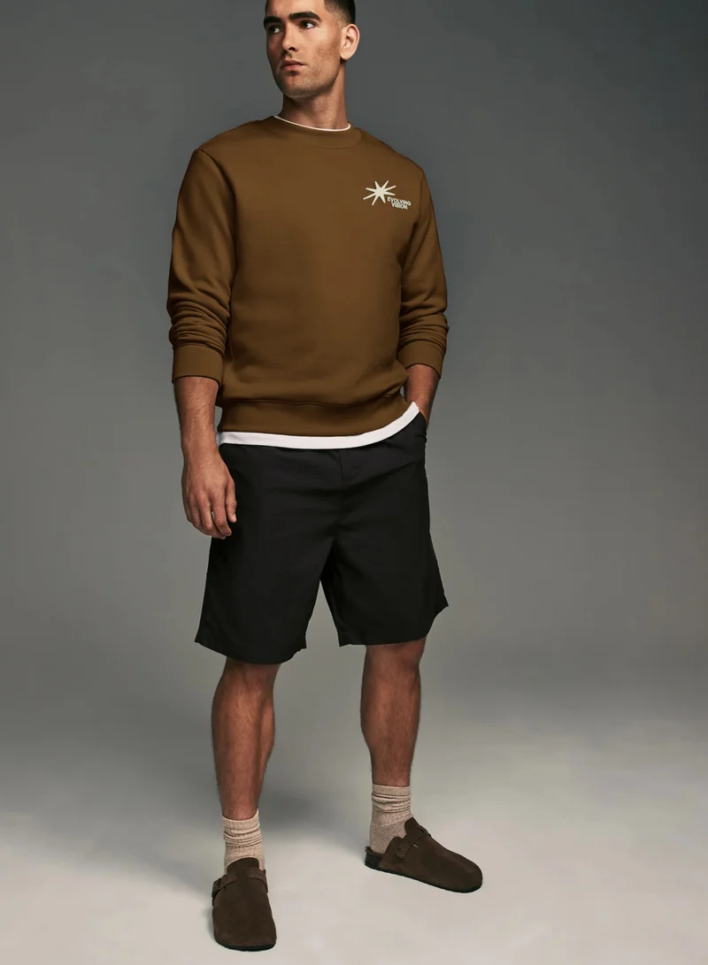 Maniac Maniac Mens Printed Round Neck Full Sleeve Brown & Beige CottonFleece Oversized Sweatshirt