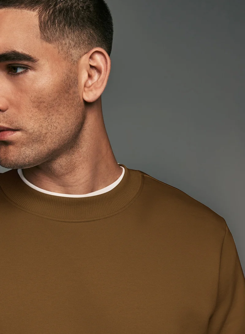 Maniac Maniac Mens Printed Round Neck Full Sleeve Brown & Beige CottonFleece Oversized Sweatshirt