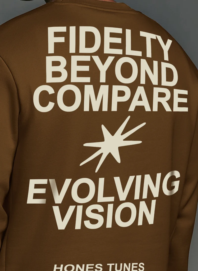 Maniac Maniac Mens Printed Round Neck Full Sleeve Brown & Beige CottonFleece Oversized Sweatshirt