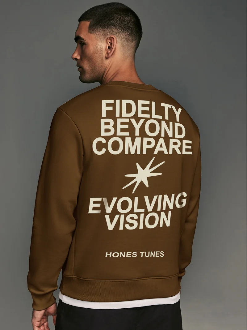 Maniac Maniac Mens Printed Round Neck Full Sleeve Brown & Beige CottonFleece Oversized Sweatshirt