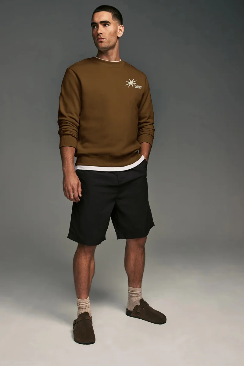 Maniac Maniac Mens Printed Round Neck Full Sleeve Brown & Beige CottonFleece Oversized Sweatshirt
