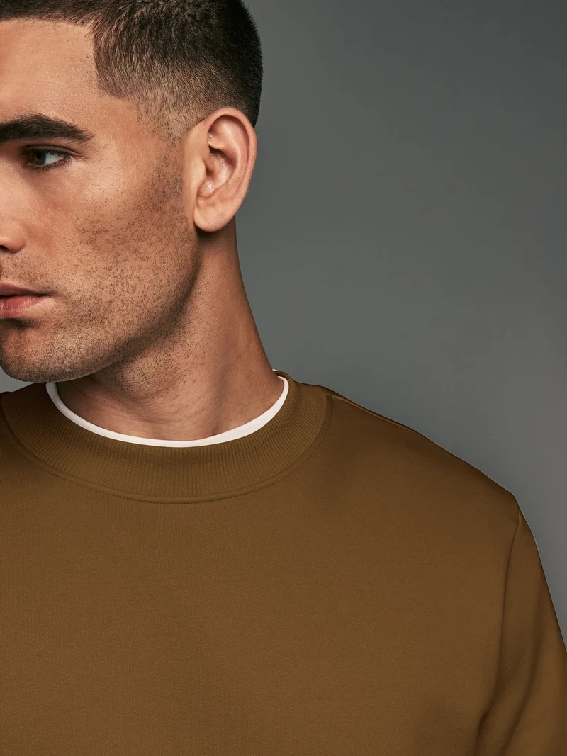 Maniac Maniac Mens Printed Round Neck Full Sleeve Brown & Beige CottonFleece Oversized Sweatshirt