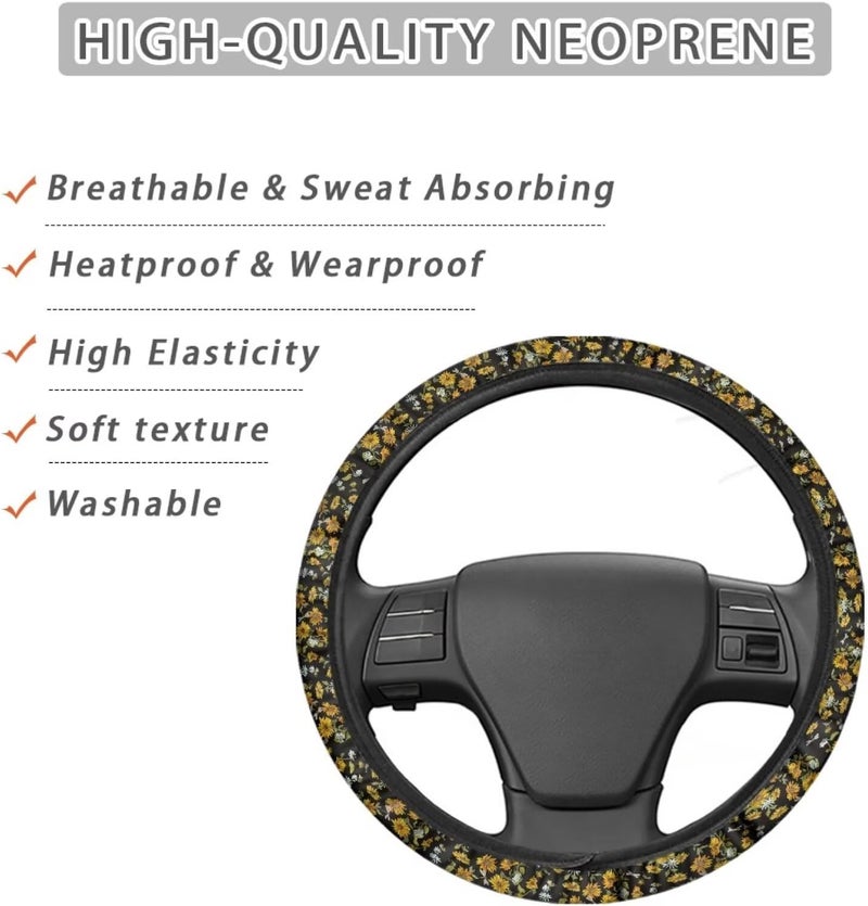 Universal Non-Slip Steering Wheel Cover, 15-inch Polyester Material Driving Accessories, Suitable for Car and Truck(Dragonfly Sunflower Print) - Image 4