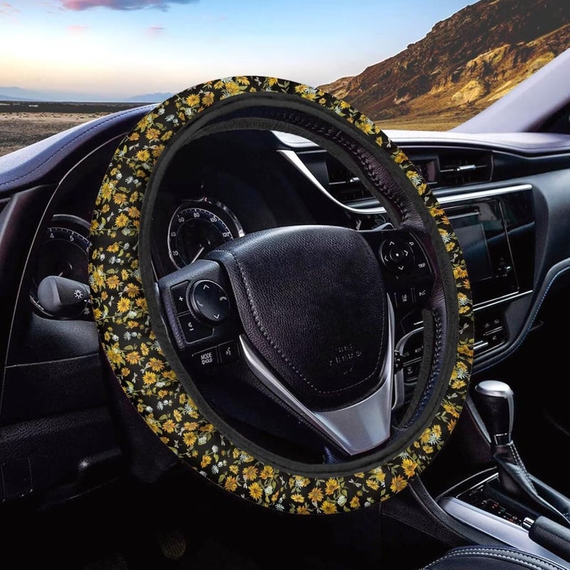 Universal Non-Slip Steering Wheel Cover, 15-inch Polyester Material Driving Accessories, Suitable for Car and Truck(Dragonfly Sunflower Print) - Image 1