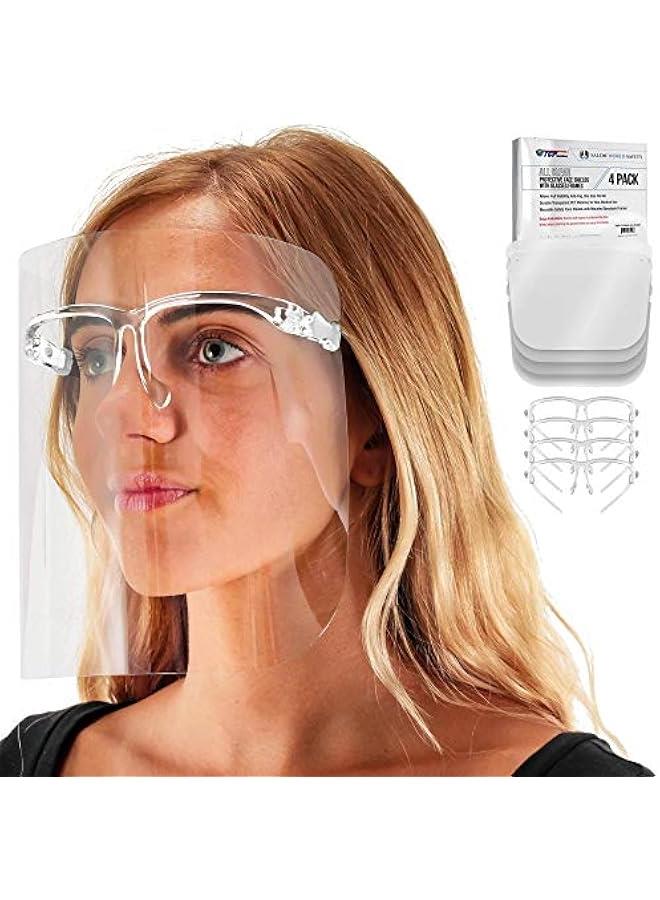 Arabest Salon World Safety Face Shields with All Clear Glasses Frames (Pack of 4) - Ultra Clear Protective Full Face Shields to Protect Eyes, Nose, Mouth - Anti-Fog PET Plastic, Goggles  - Image 1