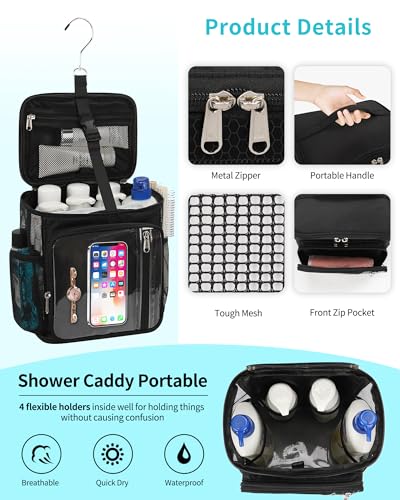 CUBETASTIC Hanging Shower Caddy Portable Bag - Quick Dry Shower Tote for Dorm College Essentials, Water-Resistant Travel Toiletry Bag with Separate Compartment & Multiple Pockets (Black, M) - Image 3