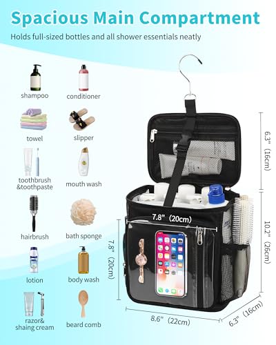 CUBETASTIC Hanging Shower Caddy Portable Bag - Quick Dry Shower Tote for Dorm College Essentials, Water-Resistant Travel Toiletry Bag with Separate Compartment & Multiple Pockets (Black, M) - Image 2
